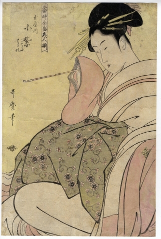 <span class="tw-text-xs tw-font-semibold">喜多川歌麿</span><span class="tw-text-sm tw-font-semibold">「当時全盛美人揃 小紫」</span>